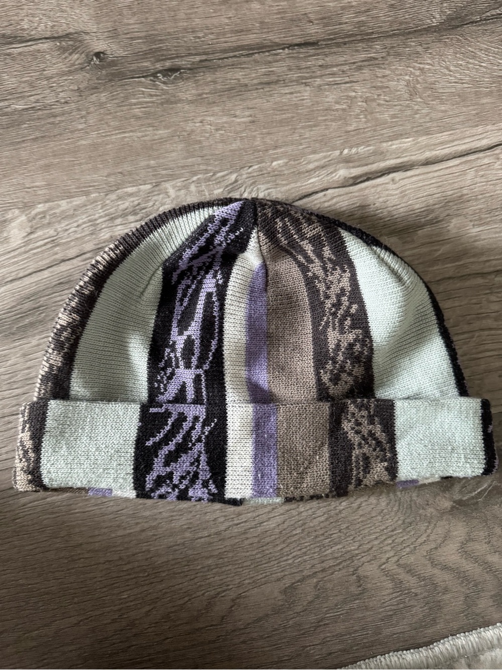 Vans Striped Knit Cuffed Beanie in Mint, Purple & Brown